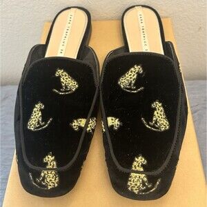 Zara  Black Velvet Flat Mules w Gold Leopard/Panther Appliqués. Size US 7.5 38